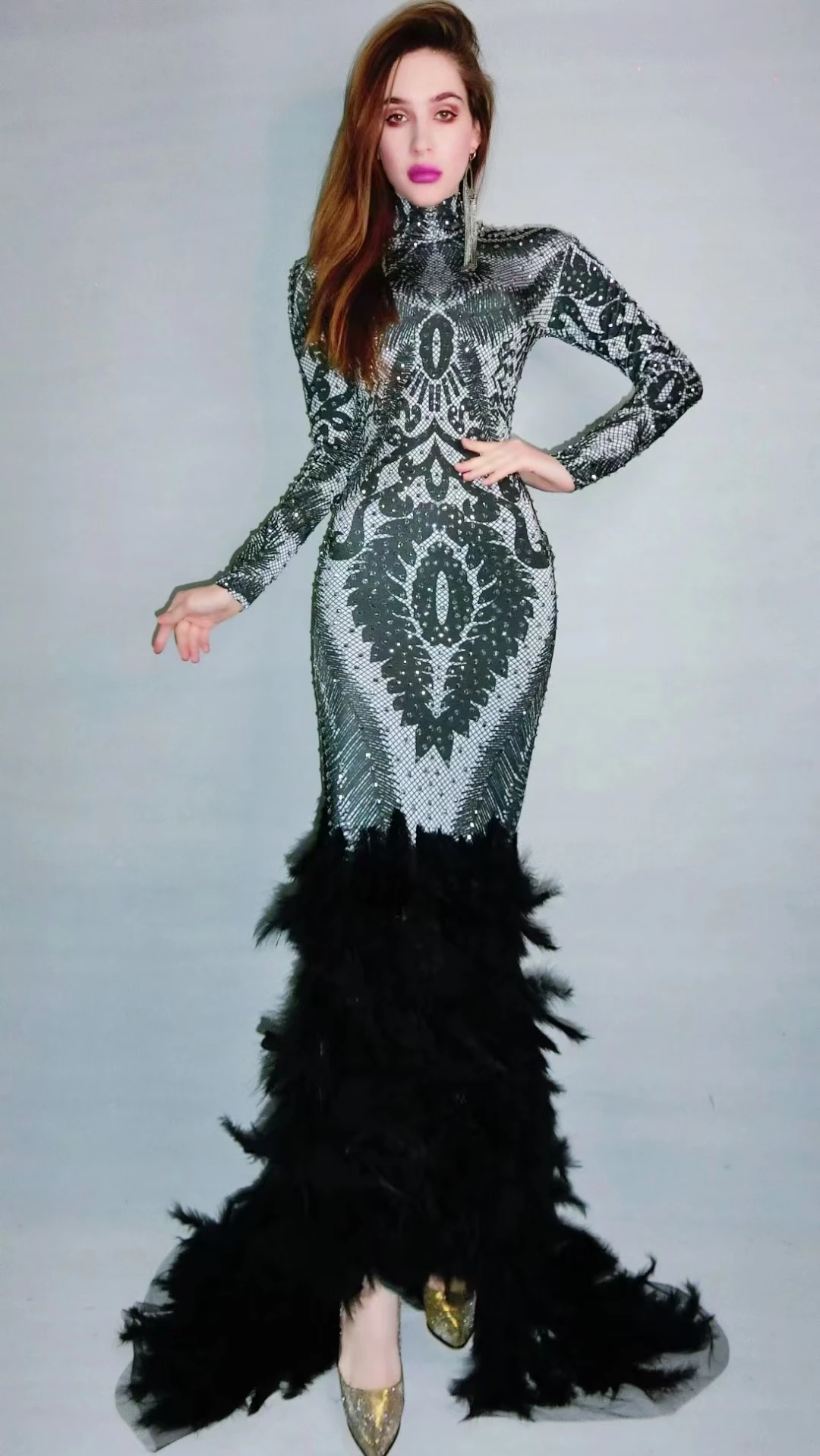 Sparkly Rhinestone Black Long Feather Dress Women Birthday Celebrate Evening Prom Gown Singer Show Stage Wear 2024 Heifenghuang