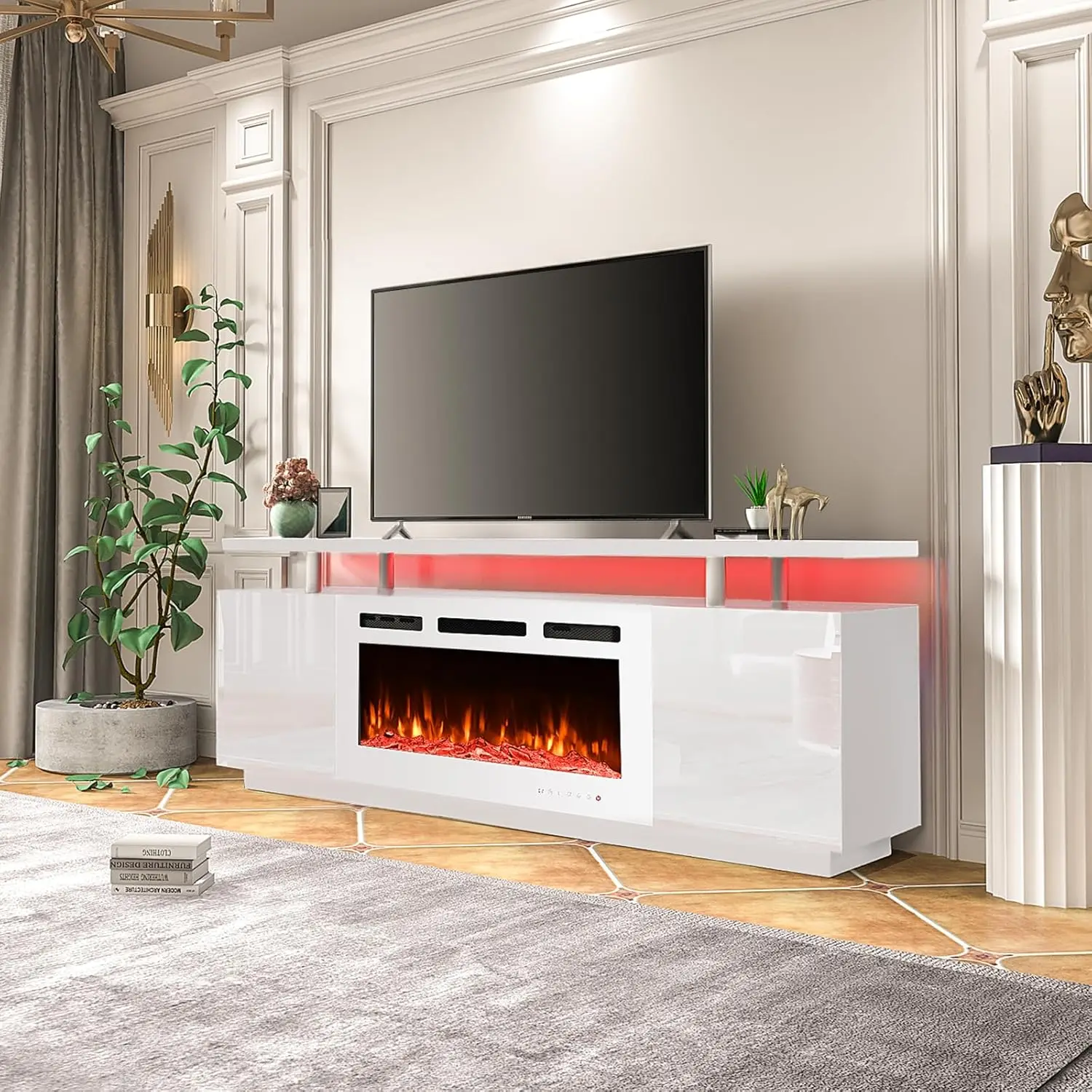 70'' Fireplace TV Stand with 36'' Electric Fireplace with 12 Flame Fireplace Insert Heater and 16 Color Led Lights,White