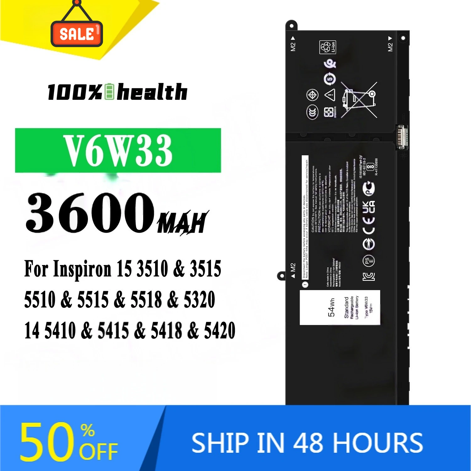 

V6W33 3600mAh Laptop Battery for Dell Inspiron15 3510 3515 5510 5515 5518 Lithium Rechargeable Battery