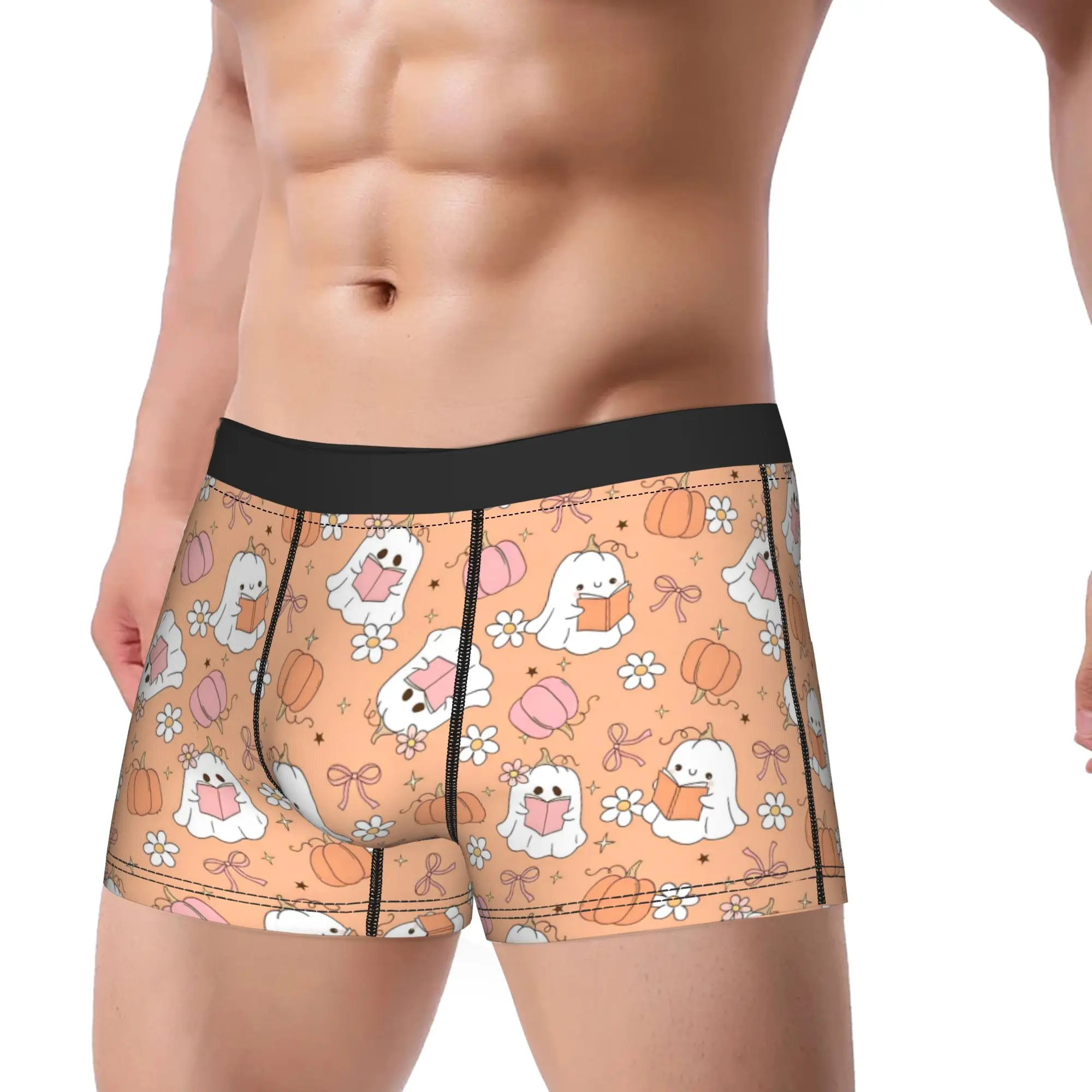 Men's Halloween Pumpkin Underwear Cute Ghosts Novelty Boxer Briefs Shorts Panties Male Mid Waist Underpants Plus Size