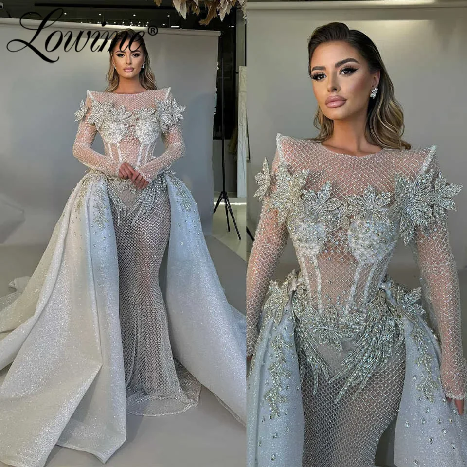 Heavy Beads Illusion Long Sleeves Mermaid Prom Dresses Glitter Crystals Bride Evening Dresses 2025 Customized Party Dress Gowns