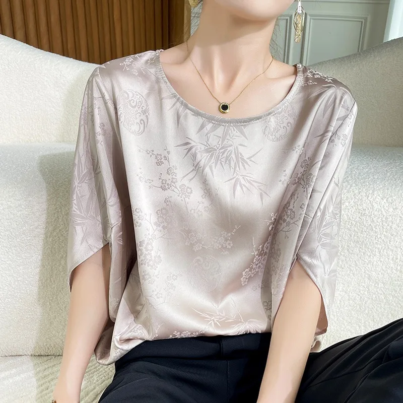 Silk Satin Batwing Sve Top Women Summer Loose Slim Fit Seven Sve irt Floral Embroidery Relief Sle Commute round Ne