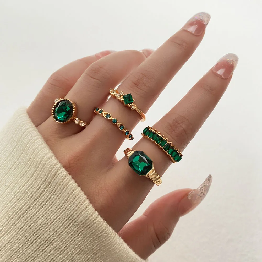 KISSWIFE 5Pcs/Set Vintage Green Gem Rings Set For Women Girls Gold Color Metal Zircon Finger Rings Elegant Female Jewelry 2022