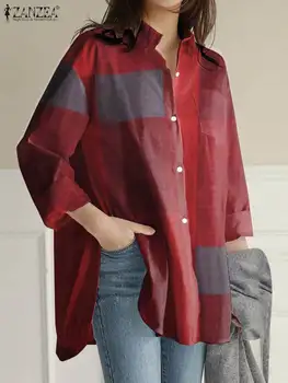 ZANZEA Vintage Uzun Kollu Chemise Blusas Kadın Moda Düzensiz Bluz Büyük Boy Kadın Rahat 2024 Yaz Ekose Onay Gömlek