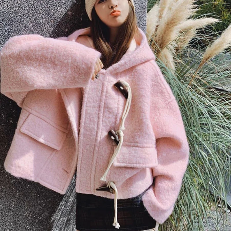 الوردي مقنعين المحاصيل معاطف صوفية المرأة عادية شيك القرن أزرار الحلو سميكة أبلى الكورية فضفاضة طويلة الأكمام مكتب سيدة جديدة بلايز #3