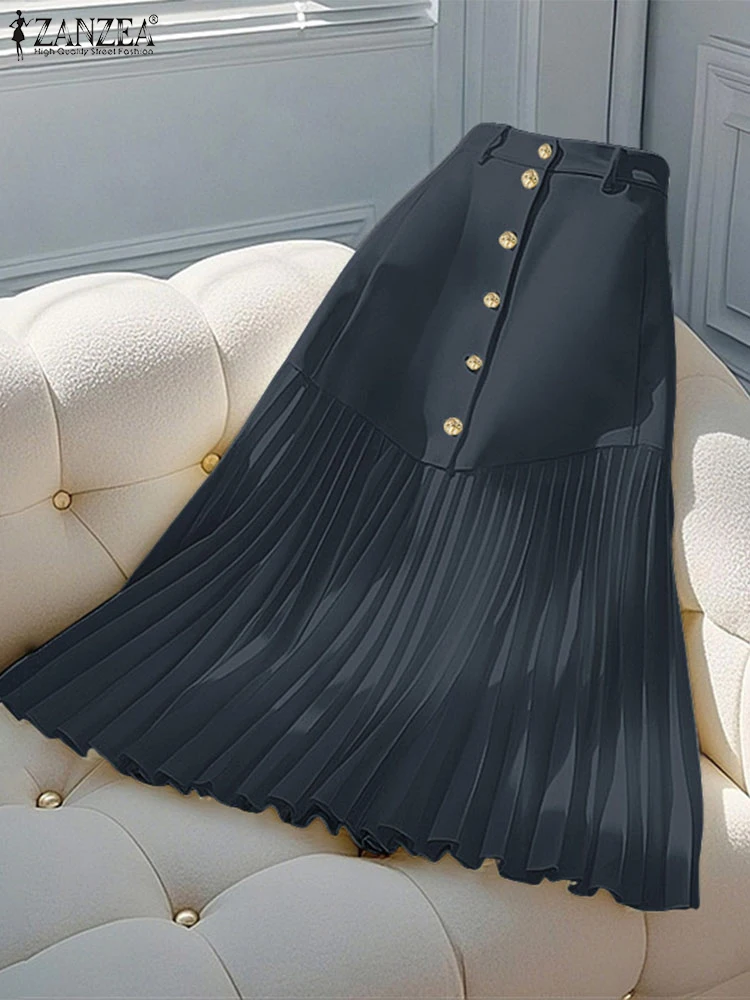 ZANZEA Summer Elastic High Waist Pleated Skirts Commuting Elegant Women OL A-Line Jupes Femme Fashion V-Shaped Seam Midi Faldas