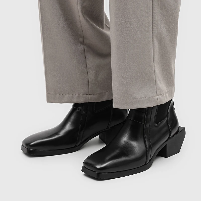 European American Style Black Irregular Heel Men Chelsea Boots Simple Elastic Band Commuting Mid Length Boots