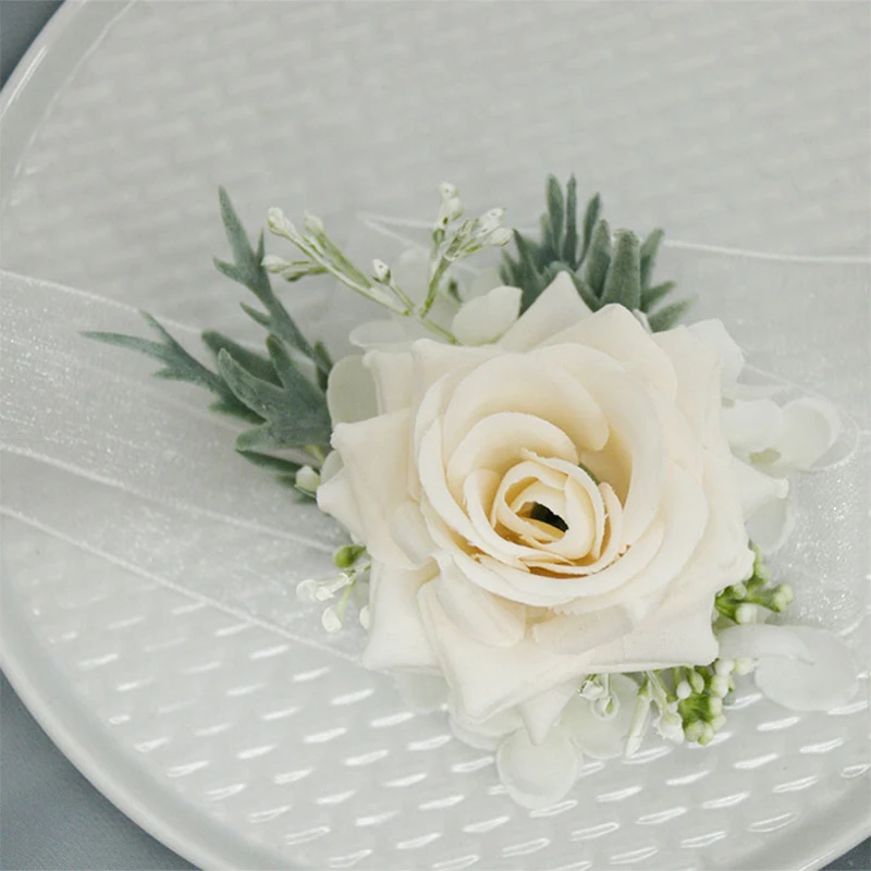 New Champagne Silk Rose Boutonniere Buttonhole Artifical Flowers Pins Wrist Corsage Bridesmaid Bracelet Wedding Accessories