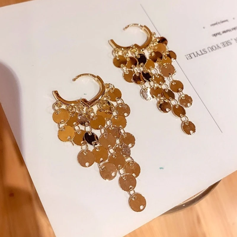 ANENJERY Sparkling Long Tassel Hoop Earrings for Women French Simple Circle Ear Buckles Handmade New Trend Jewelry Gifts