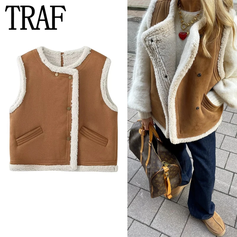 TRAF 2023 Fleece Sleeveless Jacket Woman Warm Winter Vest Women Vintage Cropped Plush Jacket Autumn Women\'s Fashion Vests