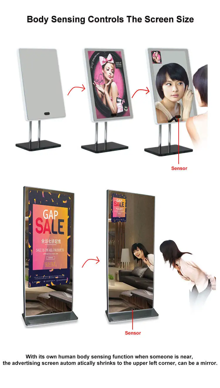 Espejo de entrenamiento inteligente de pie, espejo de Fitness, espejo mágico LCD, señalización Digital y pantallas, quiosco de reproductor de publicidad