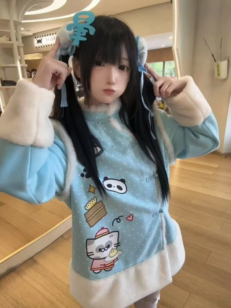 

Japanese Sweet Kawaii Cartoon Print Hooded Jacket Women Casual Loose Fashion Coat Winter Y2k Harajuku Button Sweatshirt New