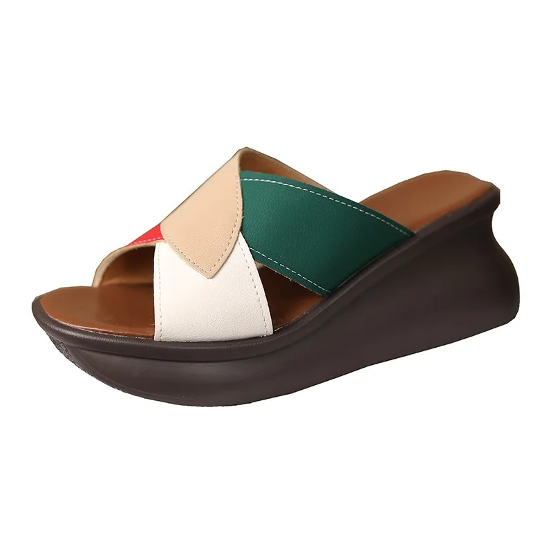 Summer Multicolor Wedge Slippers Women's Fashion Round Toe Open Toe Cutout Platform Platform Non-Slip Heels