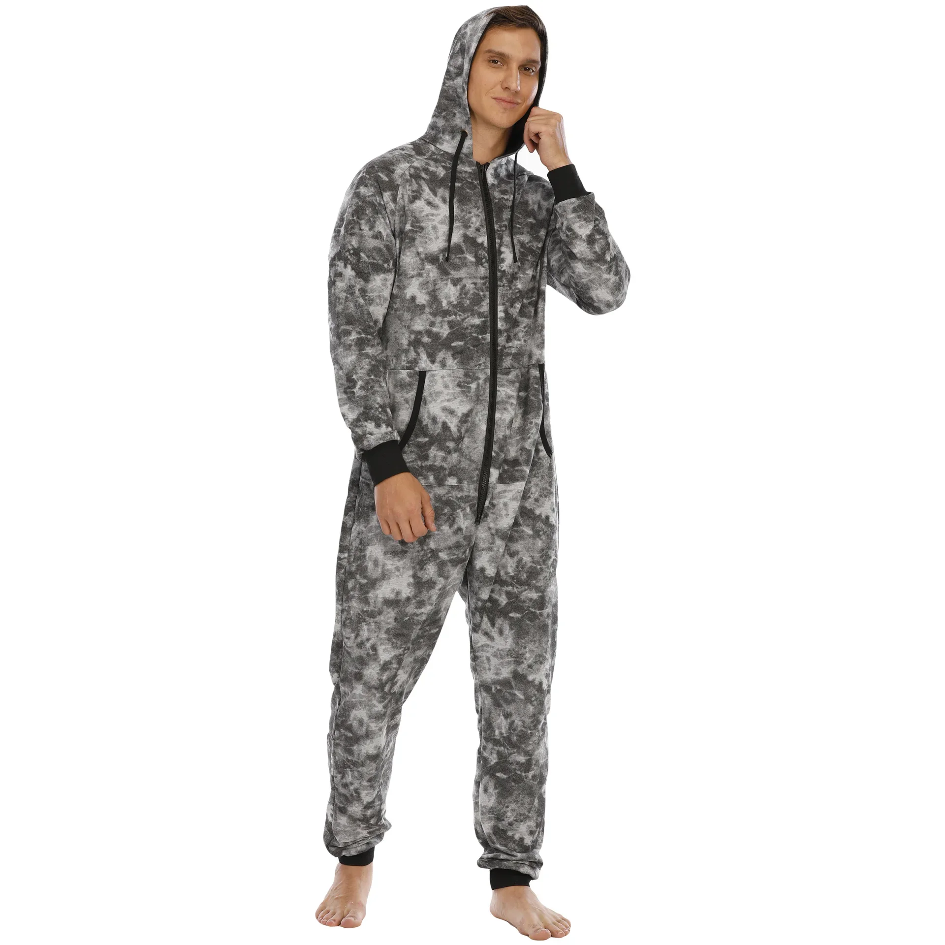 

Christmas Tie-Dye Sleepwear Kigurumi Hooded Pajama Sets For Adult Men Pajamas Autumn Winter Warm Pyjamas Overall Suits