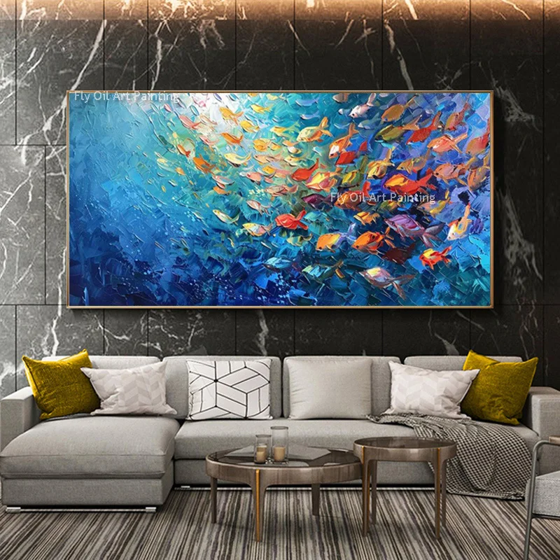 Navy Blue Deep Ocean Wall Art Red Yellow Fishes School Canvas Thick Artwork  Light Blue Green Seascape Handmade Oil Painting