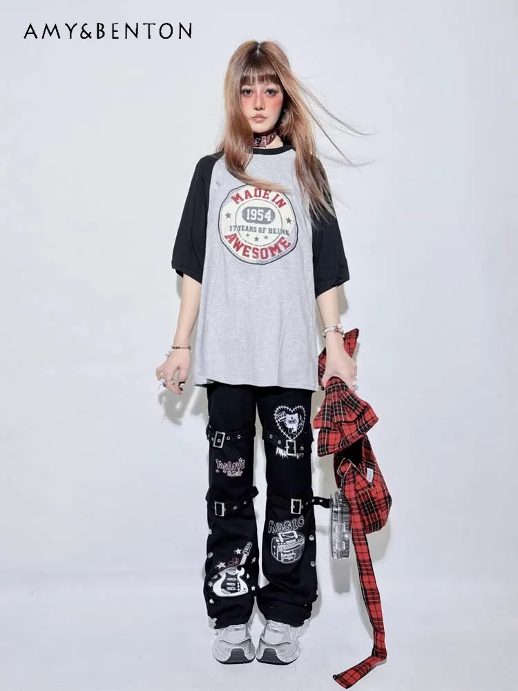 

2025 Summer and Autumn New Women's Straight-Leg Jeans Loose Wide-Leg Pants Trendy High Street Fun High-Waist Long Pants