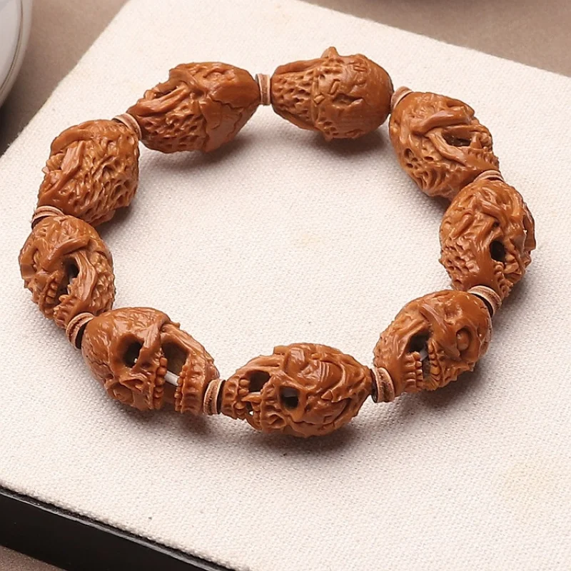 Handmade Olive Hollow Skull Buddha Bead Stone Carved Bracelet Men