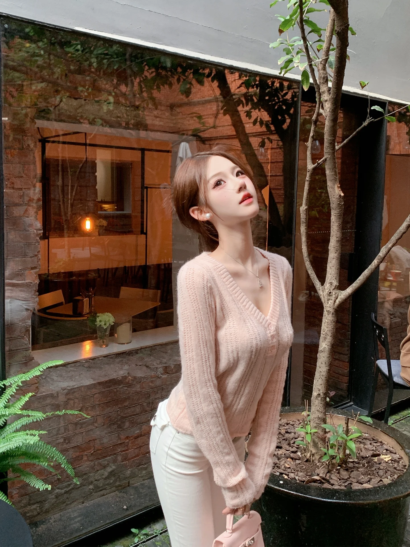 

Soft Pink Women's Knitwear V-Ne Loose Lazy Base irt Inner Wear Casual Loose Sle Long Sve Regular Length Nylon Blend