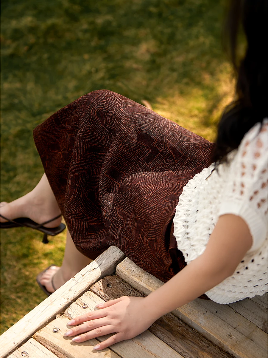 Xhange Labyrinth Silk Chiffon Midi Skirt High Waist Straight Cut Printed Heritage Scarf Back Zipper Closure Ladies Skirt