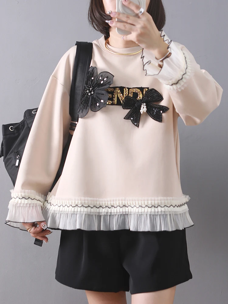 Apricot Sweatshirts Women Fall Winter Patchwork Beaded Long Sleeve Loose Casual Pullovers Female 2024 New Fashion Tops Jumper