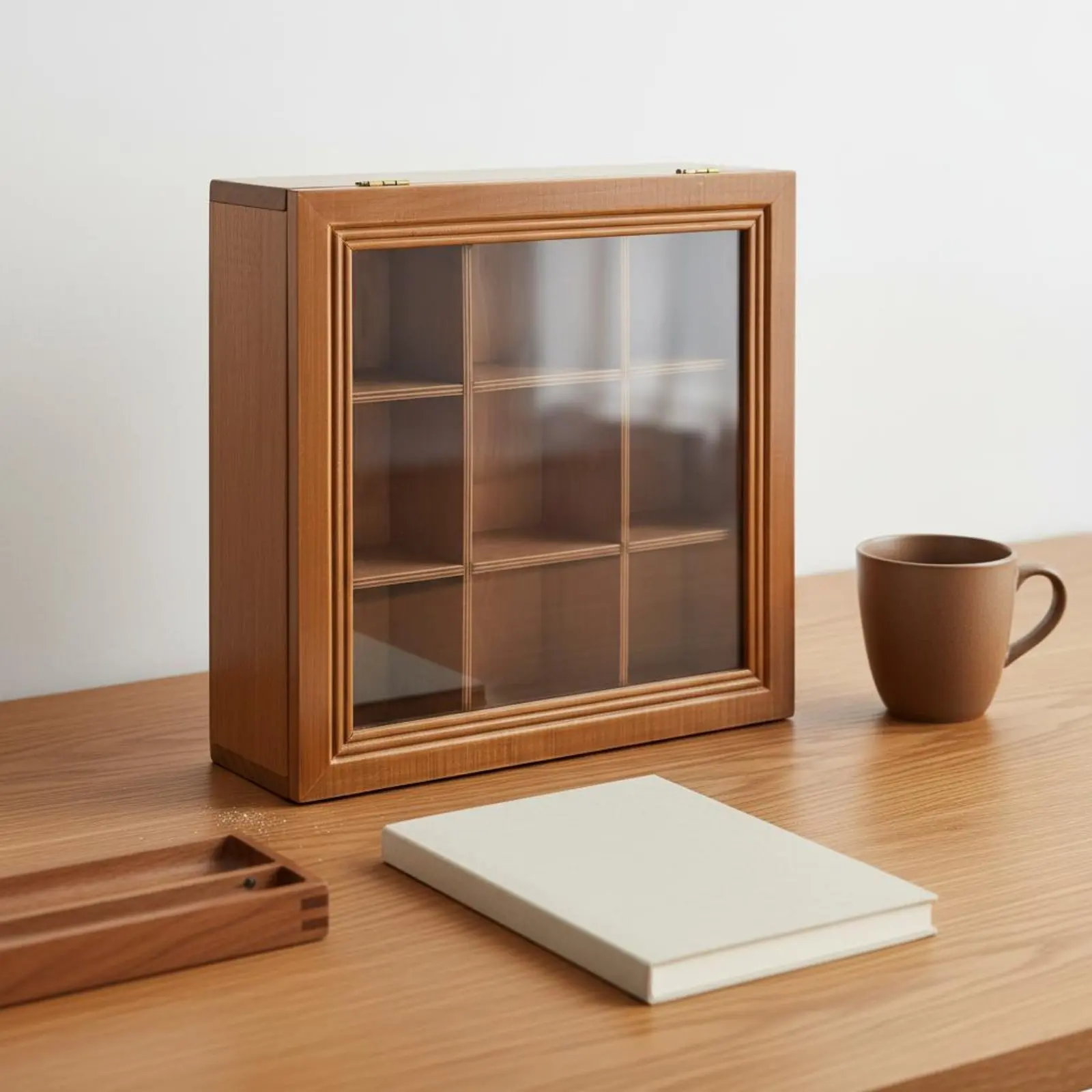

9-Compartment Box Compartmented Tray Wooden Compartment Box Square Shape Framed Front for Desk