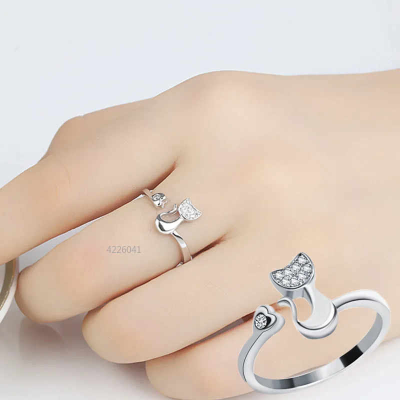 Women Girls Fashion Animal Anillo De Mujer Open Charm Crystal Top Quality Cubic Zirconia Crystal Inlaid Cute Animal Cat Ring