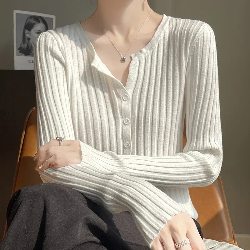 Ribbed Layering Basic Base Tops Knit Long‑Sleeve Women Cardigan 2026 Autumn Winter Winter New Chic Versatile Sweater