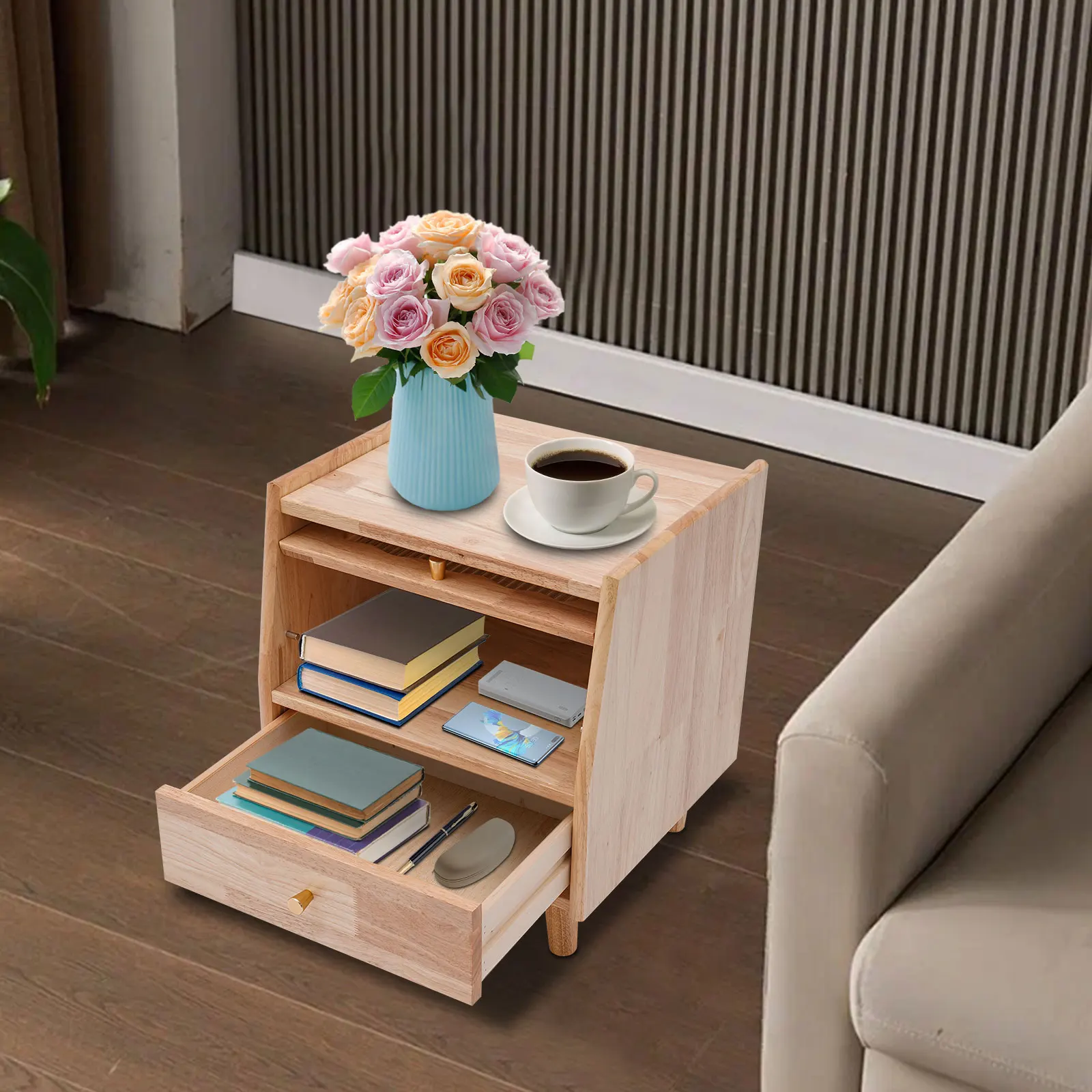 2-Tier Bedside Cabinet Storage Rubberwood Glass Nightstand with Drawer Clear Window Flip-Top Door Anti-Slip Feet For Bedroom Living Room Office Small Spaces