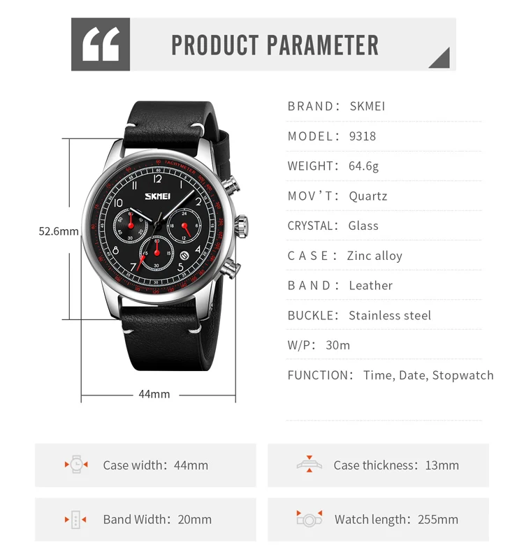 SKMEI Fashion Stopwatch Watch Mens Casual Genuine Leather Strap Quartz Wristwatches Waterproof Date Week Clcok Male reloj hombre