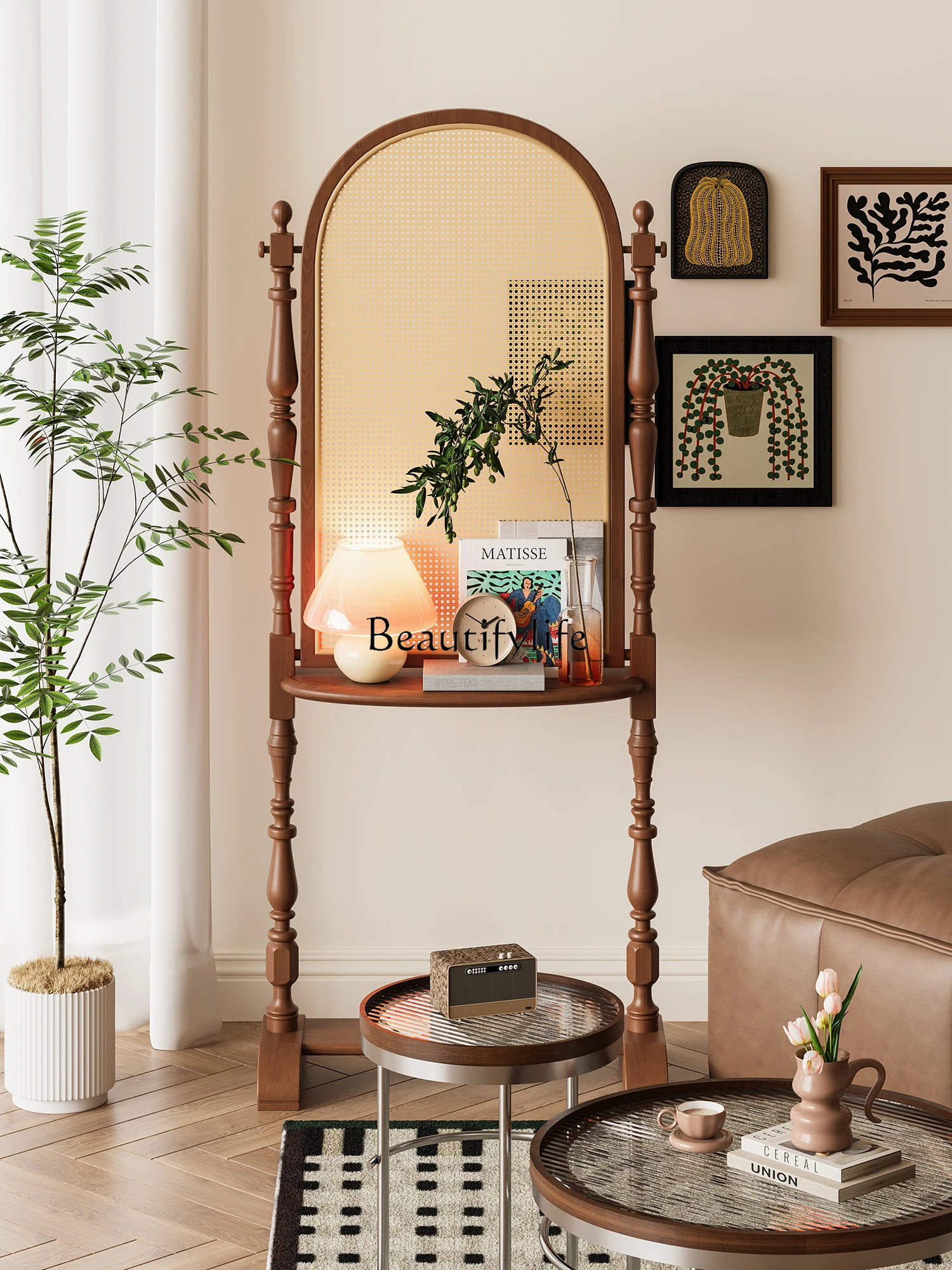 

Vintage Solid Wood Rattan Screen for Artists, Living Room, Bedroom Partition Screen