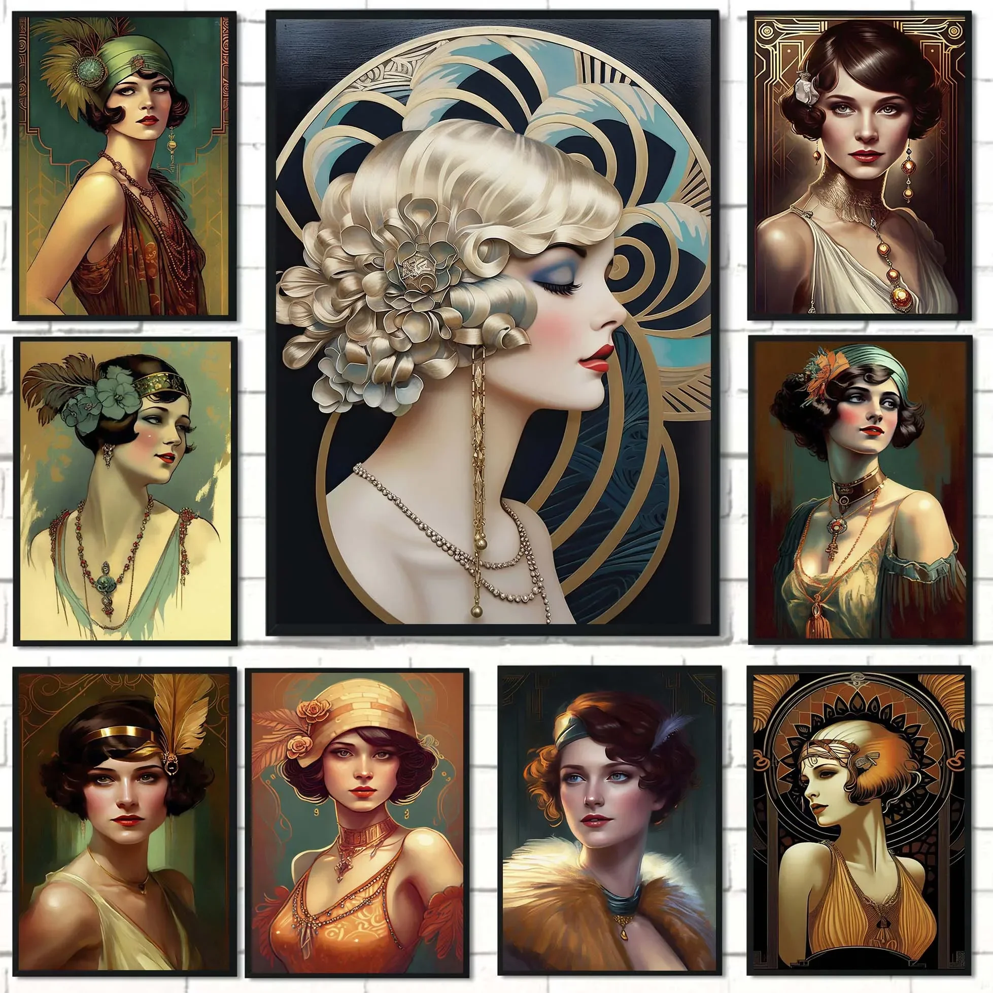 Vintage Art Decor Woman Portrait Flapper Girl Illustration 1920s Poster Canvas Painting Wall Pictures Home Interior Party Decor