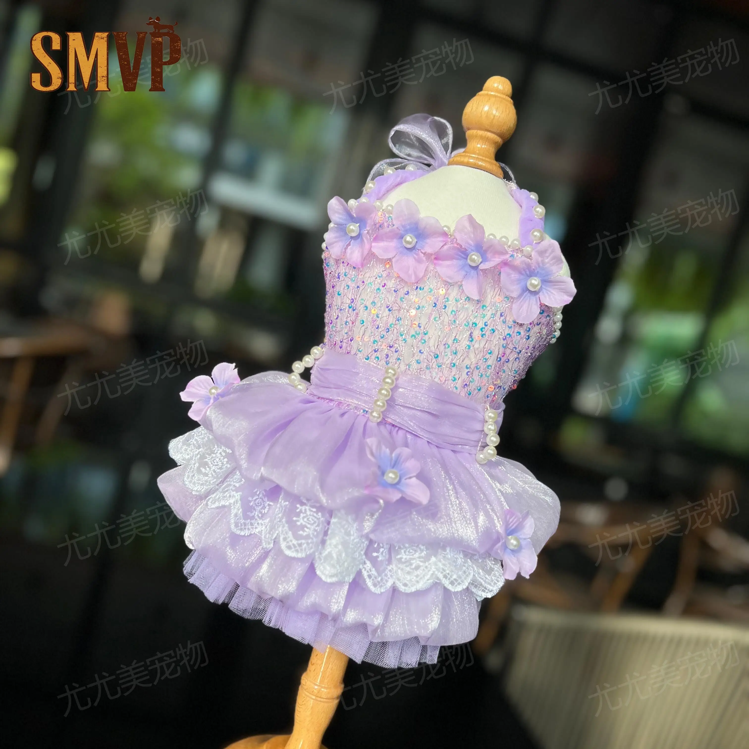 

Original Customized Purple Sequined Flower Lace Princess Puffy Cake Dress High End Small Dog Dress