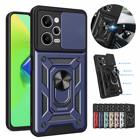 Shockproof Slide Lens Armor Funda For Xiaomi Redmi Note 12 Pro Plus 12S Note12 4G 5G Case Ring Stand Back Cover for Redmi 12 12C