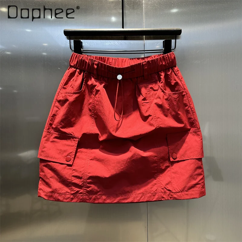 

Cargo Mini Skirt Women Fashion Vintage Flap Pockets Side Elastic Waist A-Line Solid Color Female Summer Casual Skirts Workwear