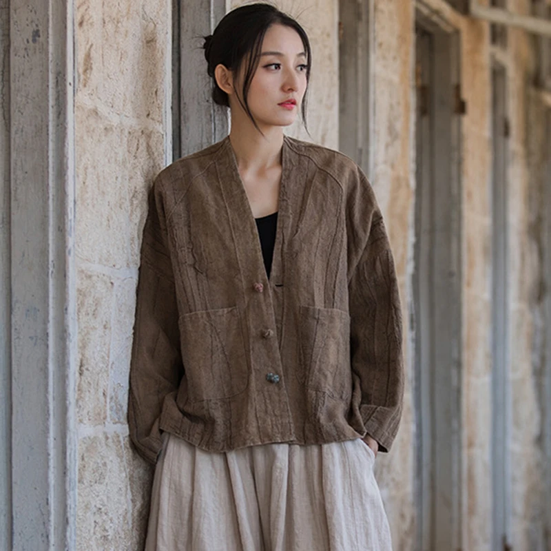 High Quality Cotton Linen Basics Jackets Women New Arrival 2024 Chinese Style Vintage V-neck Loose Female Casual Coats M366