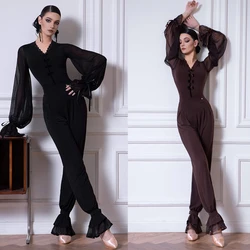 Adults Latin Dance Competition Costumes Women Ballroom Dance Clothes Mesh Sleeves Top Modern Dancing Pants Practice Wear SL11308