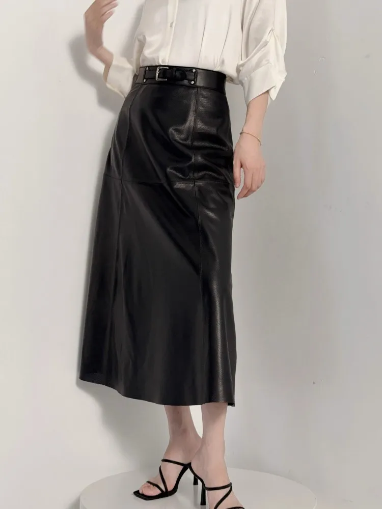 New Fashion Womens Hollow Out High Waist Genuine Leather Skirts A-Line Belt Slim Fit Work Lady Real Sheepskin Below Knee Skirt