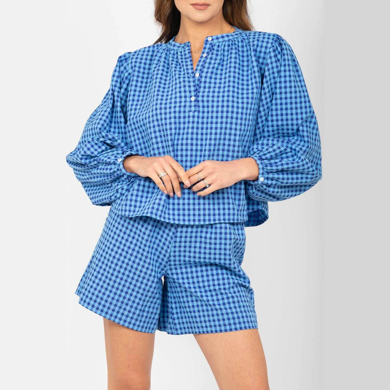 Combhasaki estate donna 2 pezzi Plaid Loungewear abiti larghi Set Puff manica lunga bottone con scollo a v top + pantaloncini elastici in vita