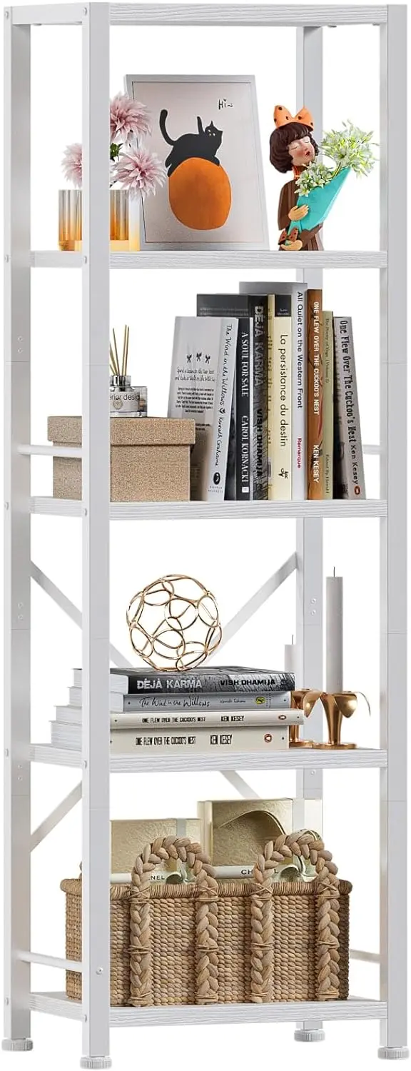 

White Bookshelf 5 Tier Bookcase, Tall Narrow Bookshelves, Modern Freestanding Shelf Units, Metal and Wood Display Storage Corner