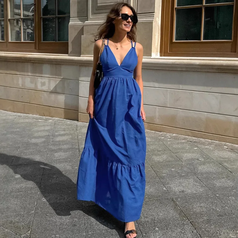 Azul algodão linho V-ne Bal Dr Vaion Sle saia longa cintura alta linha A silhueta Svel Commute Sle