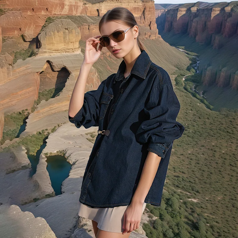 

Women's Loose Fit Long Sleeve Denim Jacket Autumn Fashion Lapel Design Casual Outerwear