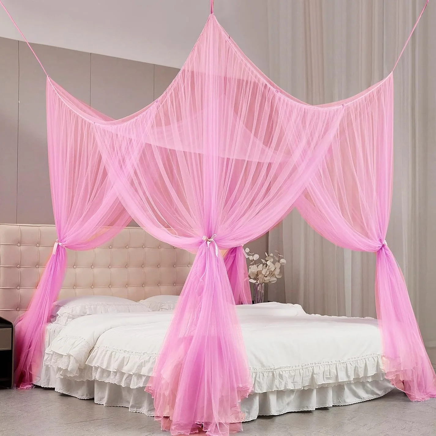 4 Corner Mosquito Square Meshes Net Post Canopy Bed Curtains Twin Single Bed,Netting Curtains for Camping, Patio,Indoor Outdoor
