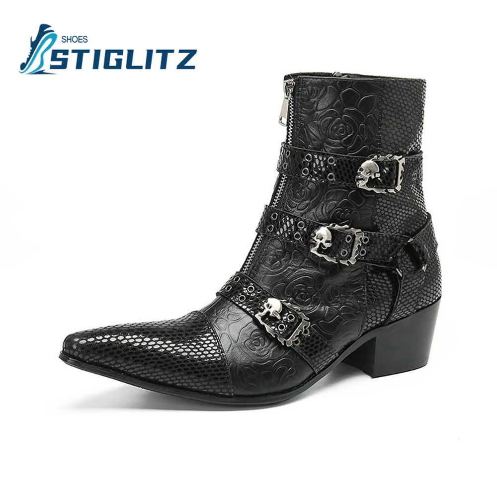 

Carved Genuine Leather Ankle Boots Three Belt Buckle Vintage Stitching Chelsea Boots British Style Luxury Square Heel Men Boots