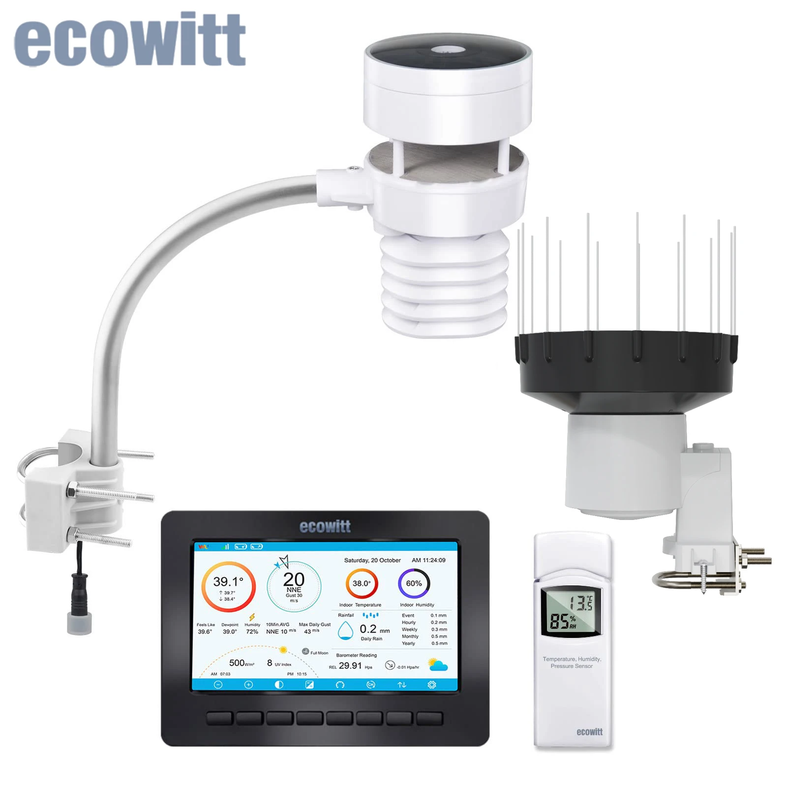 

Метеостанция Ecowitt HP2553 с Wi-Fi, с большим цветным TFT дисплеем, ультразвуковой Анемометр, самоопорожняющийся датчик дождя