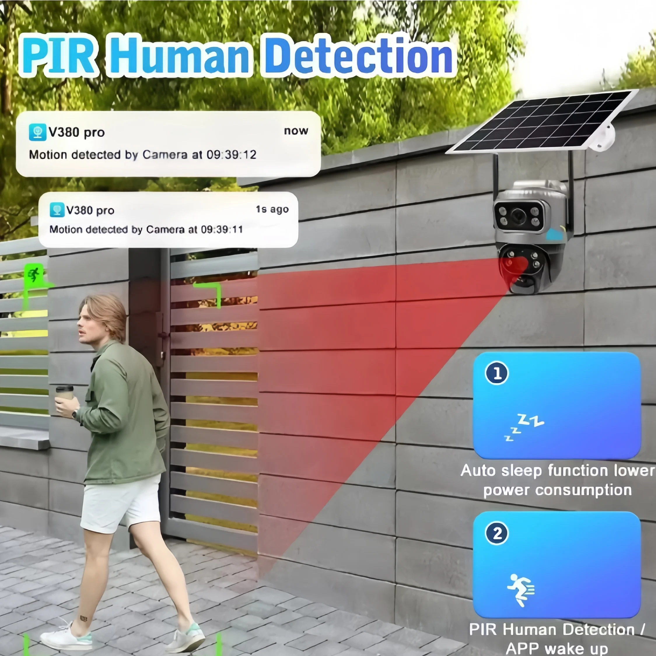 4G solar powered human PIR detection intelligent night vision waterproof 8MP 4K battery closed-circuit television monitor