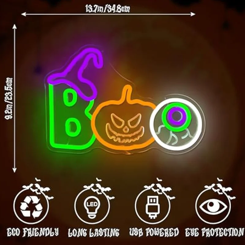 Halloween Witch's Hat Boo Pumpkin Neon Sign Dimmable Boo Lights for Wall Decor for Bedroom Window Party Light Up Gift