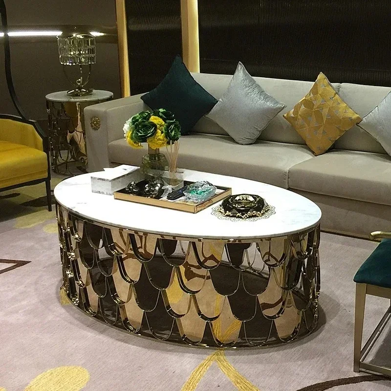 Stainless steel fish scale oval coffee table personalized light luxury household living room marble sofa edge table8578