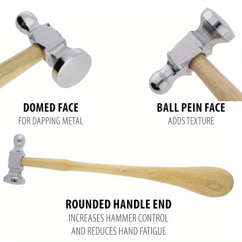 Professional Wooden Handle Jewelry Hammer Double-Sided Domed & Flat Head Tool for Metal Forging Texturing and Jewelry Craft Work