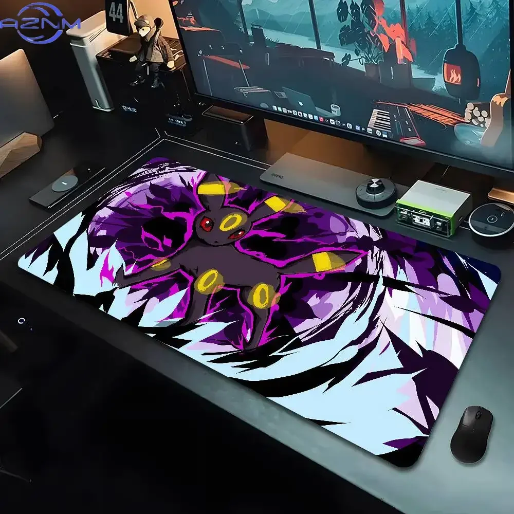 Rubber Mouse Pad Anime Umbreon Purple Splash Art Pattern Anti-Slip Gaming Desk Mat Stitched Edge Desktop Protector for Gaming an