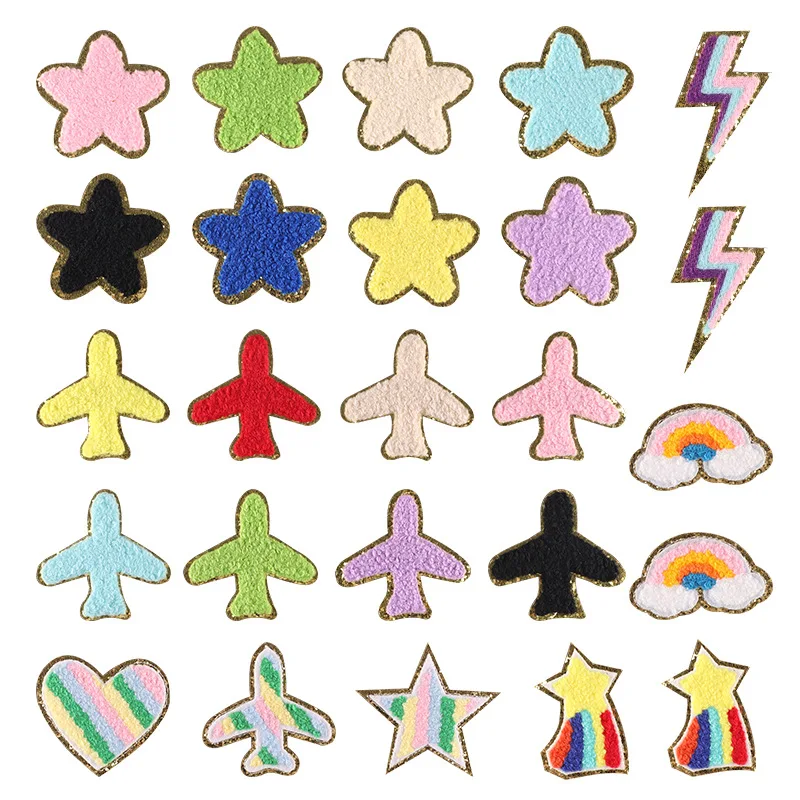 Cute Chenille Embroidered Patches Clouds Lightning Airplane Love Heart Towel Fabric Felt Iron on For Clothes Kid DIY Accessories